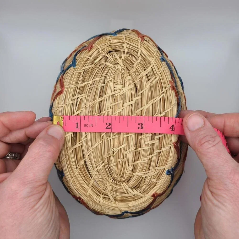 Vintage Handmade Woven Basket with Lid and Raffia Floral Embroidery